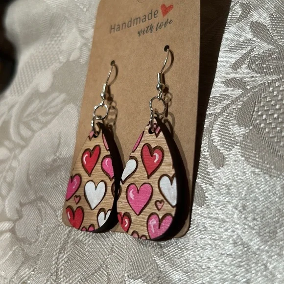 Handmade Multicolor Heart Wooden Dangle Earrings Romantic Statement Jewelry - Picture 6 of 8